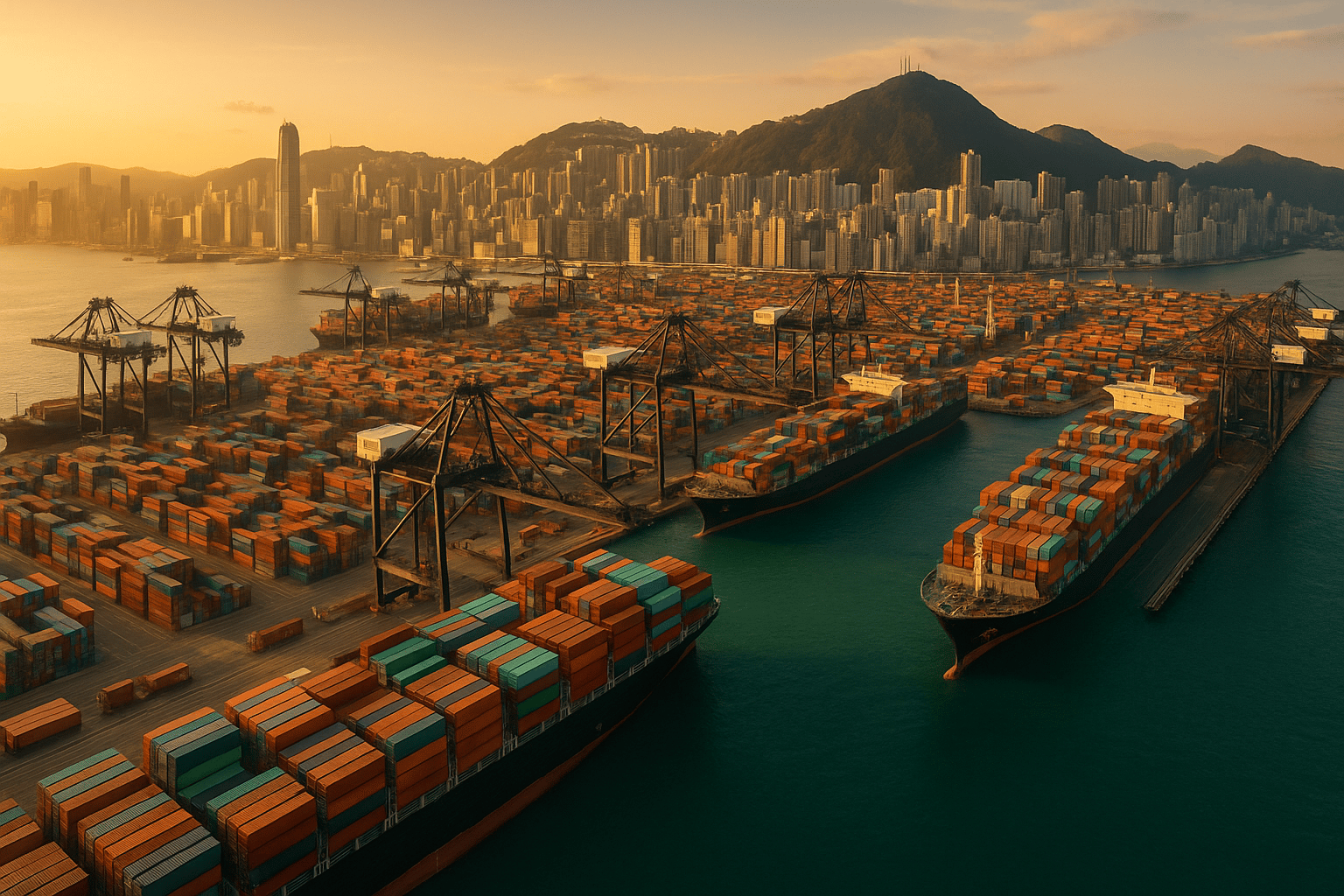 Hong Kong container port at golden hour